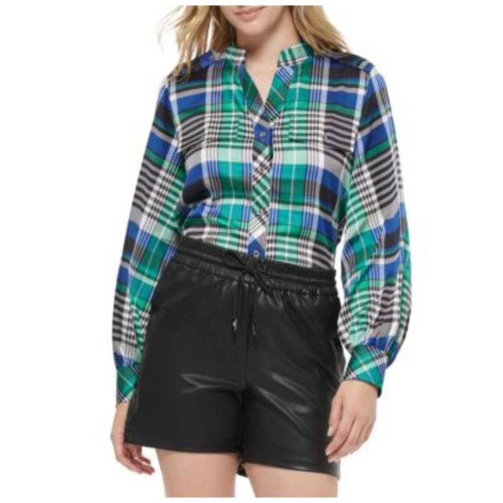 KARL LAGERFELD Paris Blue Multi Plaid Utility Shirt size Medium